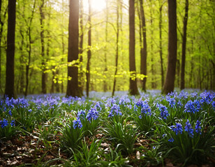 A glade with the first blue flowers in the forest.
