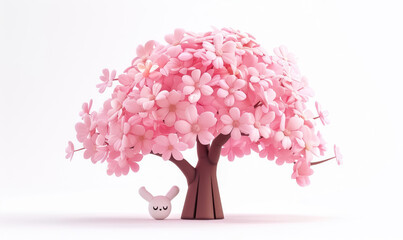 pink blossom sakura tree with cute bunny illustration, on white background 