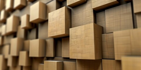 A wall made of wooden blocks in a room - stock background.