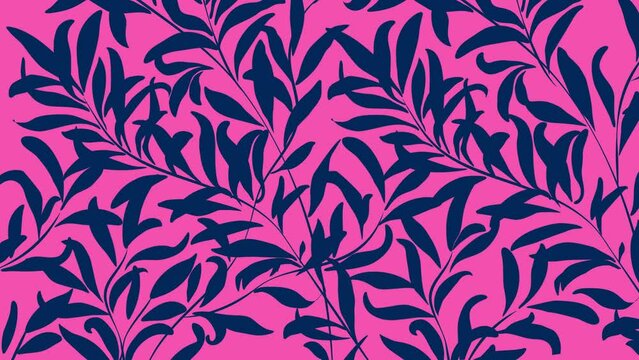 Tropical plants leaves animation on pink background. Growing plants animation, botanical pattern, papercraft with blue decoration