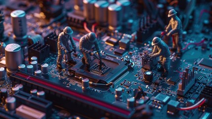 Closeup miniature technician working on a computer motherboard