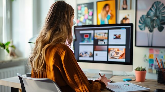 Businesswoman in casual clothes working on computer screen, rear view