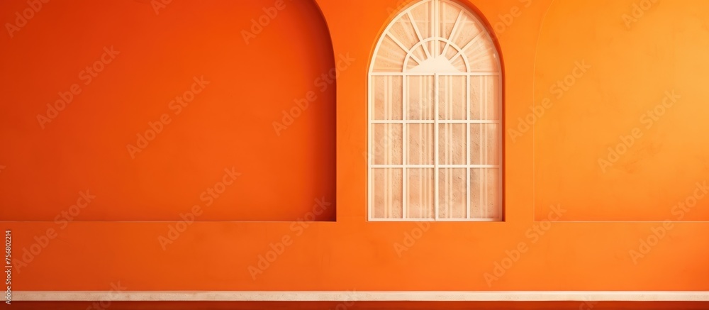 Poster a rectangular window with an amber wood frame is set in the middle of a vibrant orange wall. the win