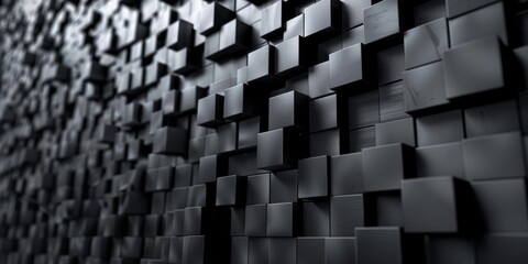 A black and white photo of a wall made of black cubes - stock background.