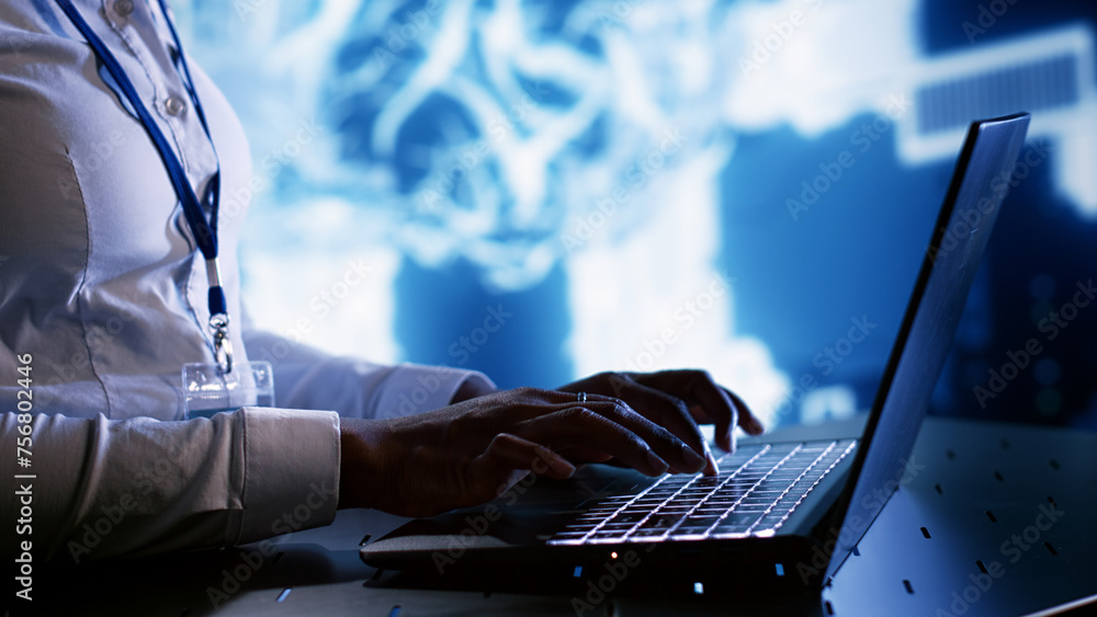 Poster admin writing artificial intelligence script code in cloud computing business establishment on lapto