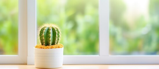 A small terrestrial plant with thorns and spines, housed in a white flowerpot, sits elegantly on a window sill. The macro photography captures the details of the plant stem in the rectangular pot