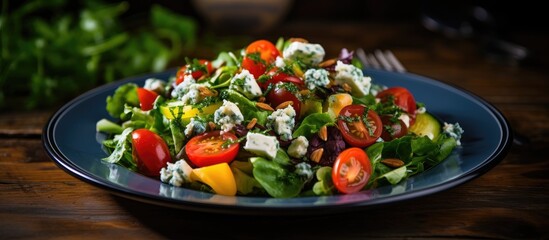 A closeup shot showcasing a fresh Israeli salad on a blue plate, set on a rustic wooden table. The salad consists of natural foods like leaf vegetables and various plant ingredients