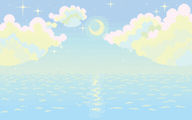 Fototapeta premium (pixel art)穏やかな海と幻想的に星と月が輝く夜空のドット絵風景画