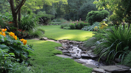 A lush, tranquil garden with vibrant flowers, a small stream, and a winding path in the soft sunlight.