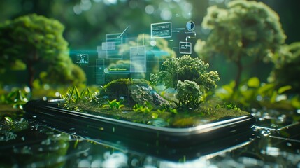 3D render of a futuristic environmental technology app interface floating above a smartphone in a holographic display