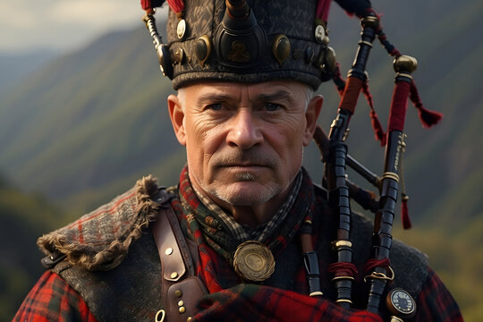 A rugged Highland warrior gazes into the distance against a scenic mountain backdrop, symbolizing strength and tradition
