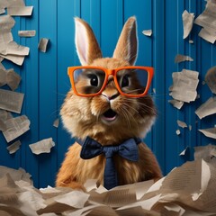 A 3D rendered scene depicting a lifelike brown rabbit with detailed fur texture wearing sleek orange glasses