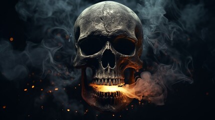 A detailed 3D visualization of a skull on a background of black with a cigarette igniting in its mouth. The resulting smoke is rendered with high realism