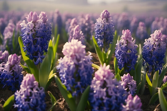 A detailed close-up shot of vibrant purple hyacinth flowers blooming, symbolizing early spring and rejuvenation
