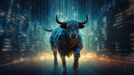 A realistic depiction of a digital bull standing tall amidst a sea of stock market screens financial data streaming in the air around it