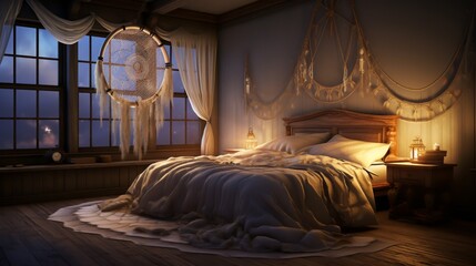 A tranquil bedroom bathed in soft moonlight with a dreamcatcher gently swaying