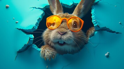An immersive 3D visualization of a curious brown rabbit donning vibrant orange glasses