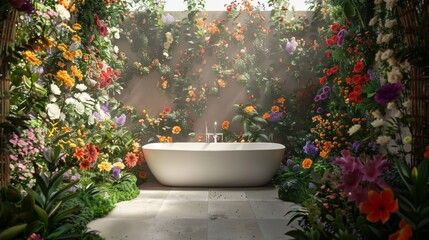 An immersive 3D visualization of a white toilet set within a garden-like enclosure where the walls are alive with a variety of 3D-rendered flowers. The scene is bathed in natural sunlight