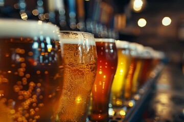 Close-up view of a row of beer glasses capturing the bubbles rising in the liquid and the delicate texture of the foam. The image highlights the variety in beer appearance