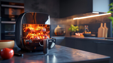 Detailed 3D model of an open air fryer showcasing its innovative cooking technology with visible heat circulation patterns and a digital timer