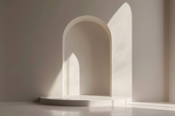 Minimalistic a light beige background for product presentation with light and intricate shadow from the window and wall.