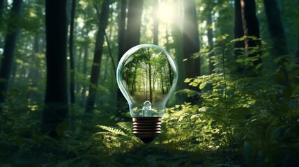 Eco-friendly lightbulb glowing in a green forest symbolizing sustainability and environmental friendliness - obrazy, fototapety, plakaty