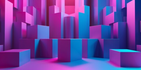 A colorful room with blue and purple cubes - stock background.