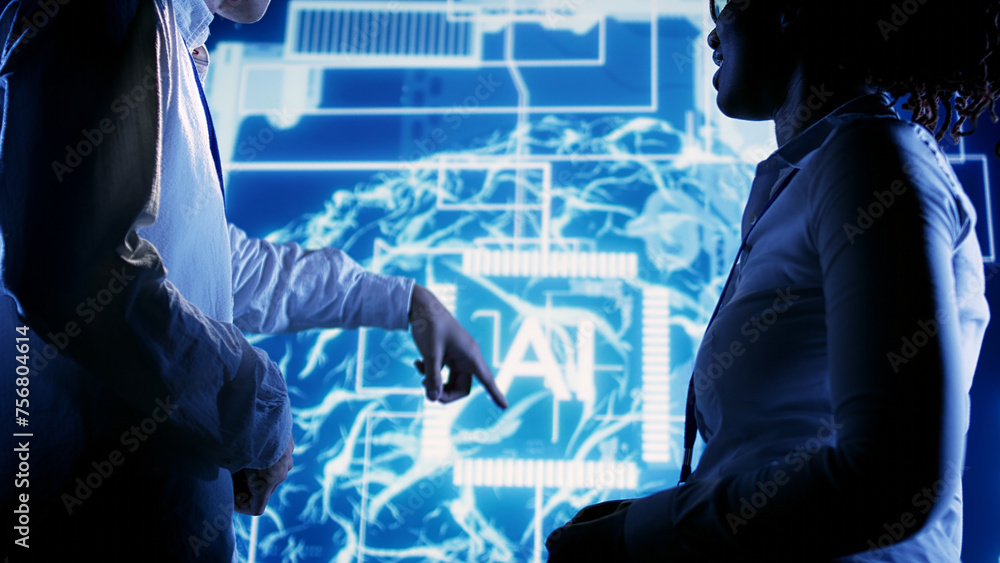 Poster african american expert and asian coworker looking at hologram of artificial intelligence human brai