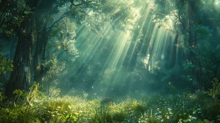 Deurstickers Enchanting view of a mystical forest with sunbeams streaming through the trees and glowing particles in the air. © AI. Prompt