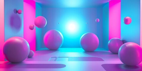 A room with many purple balls and a light in the middle - stock background.