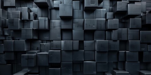 A black and white image of a wall made of black cubes - stock background.