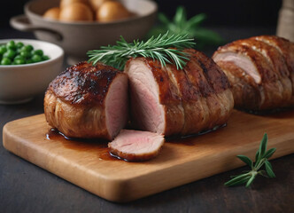 Roasted pork tenderloin, juicy and succulent oven-baked piece of meat rubbed with spices: rosemary, bay leaf, lime juice, and pepper on a plate background, close-up, side view - obrazy, fototapety, plakaty