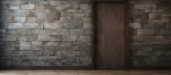 A building with a brick wall and a wooden door. The flooring is made of hardwood. The door is a rectangle shape with brickwork surrounding it