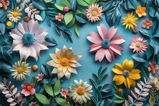 colorful paper florals on blue