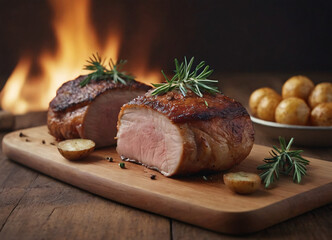 Roasted pork tenderloin, juicy and succulent oven-baked piece of meat rubbed with spices: rosemary, bay leaf, lime juice, and pepper on a plate background, close-up, side view - obrazy, fototapety, plakaty