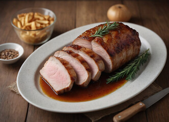 Roasted pork tenderloin, juicy and succulent oven-baked piece of meat rubbed with spices: rosemary, bay leaf, lime juice, and pepper on a plate background, close-up, side view