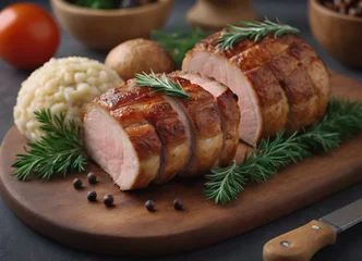 Foto op Plexiglas Roasted pork tenderloin, juicy and succulent oven-baked piece of meat rubbed with spices: rosemary, bay leaf, lime juice, and pepper on a plate background, close-up, side view © Mr.Pancho Store
