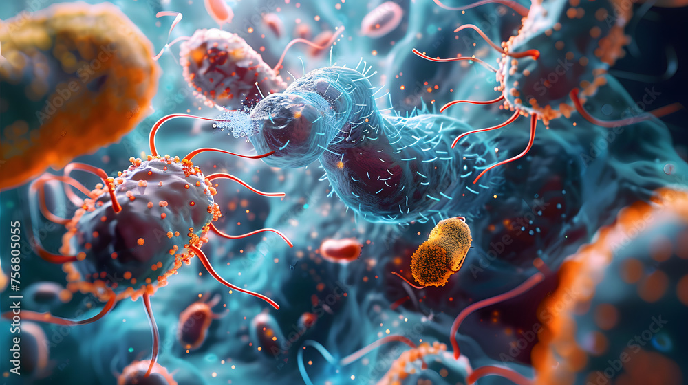 Poster microscopic view inside cell, banner with abstract background of microbiology, micro structure and l