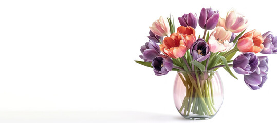 colorful tulips in glass vase on white background