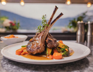 Grilled lamb chops with vegetables on a white plate in a restaurant - obrazy, fototapety, plakaty