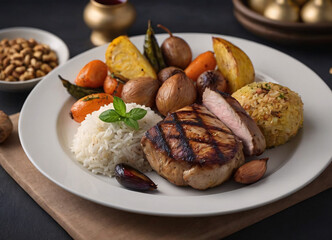 Roasted pork tenderloin, juicy and succulent oven-baked piece of meat rubbed with spices: rosemary, bay leaf, lime juice, and pepper on a plate background, close-up, side view