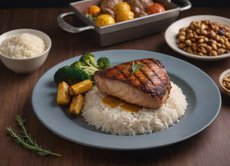 Roasted pork tenderloin, juicy and succulent oven-baked piece of meat rubbed with spices: rosemary, bay leaf, lime juice, and pepper on a plate background, close-up, side view