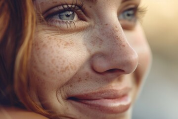 Detailed close-up highlighting a young woman's smiling freckled face with a warm, soft focus background