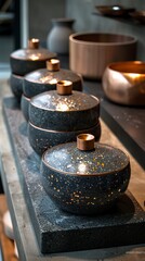 An exclusive and unique non-toxic cookware set made from titanium and stone. Expensive futuristic luxury set of pans with gold handle.