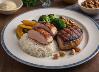 Roasted pork tenderloin, juicy and succulent oven-baked piece of meat rubbed with spices: rosemary, bay leaf, lime juice, and pepper on a plate background, close-up, side view