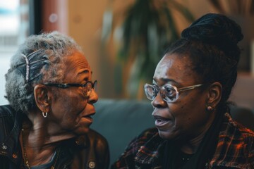 Fototapeta premium Candid shot of two elderly women having an intimate conversation, showing emotion and camaraderie