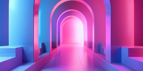 A long, narrow hallway with pink and blue walls - stock background.