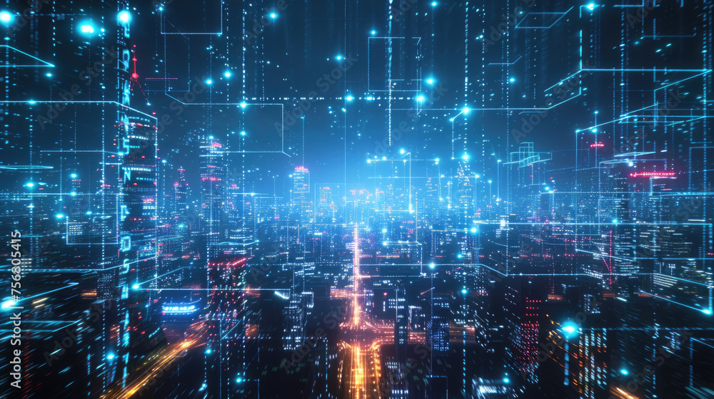 Poster pattern of smart city at night, abstract blue background with network digital lines and modern build
