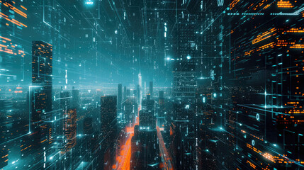 Fototapeta premium Smart city at night, abstract tech background with network digital lines and modern buildings. Theme of connect, iot, future, energy, cyber technology