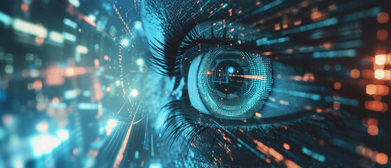 Hacker eye on digital data background, banner with abstract network information. Theme of ai, cyber security, technology, future, hack, art.